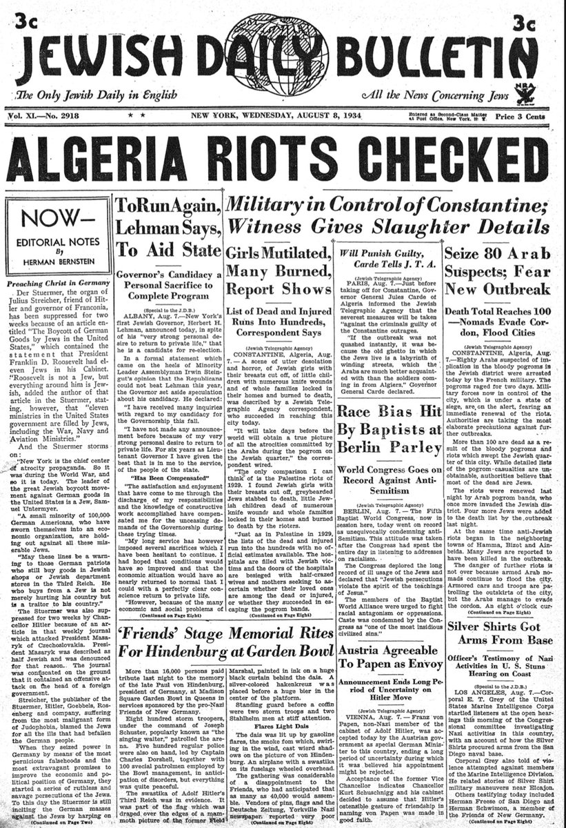 Algeria Riots, JTA, August 8th 1934 ‘The only comparison I can think of is the Palestine riots of 1929. I found Jewish girls with their breasts cut off, greybearded Jews stabbed to death, little Jewish children dead of numerous knife wounds and whole families locked in their…