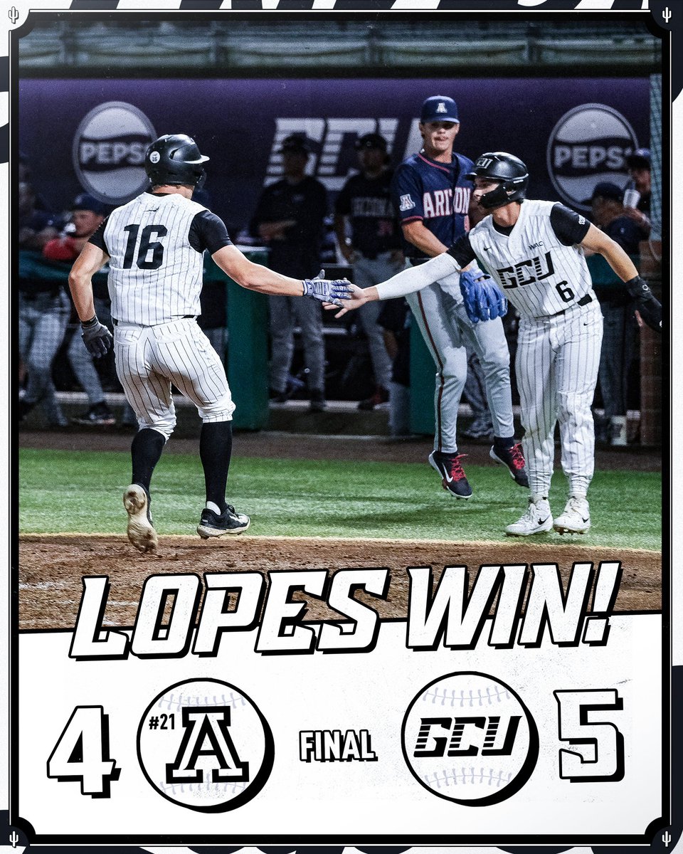 GCU_Baseball's tweet photo. 𝐓𝐇𝐎𝐒𝐄 𝐋𝐎𝐏𝐄𝐒.

GCU snaps Arizona’s 11-game win streak and notches a top-25 win at home. 💥 https://t.co/5KeQywV0gJ