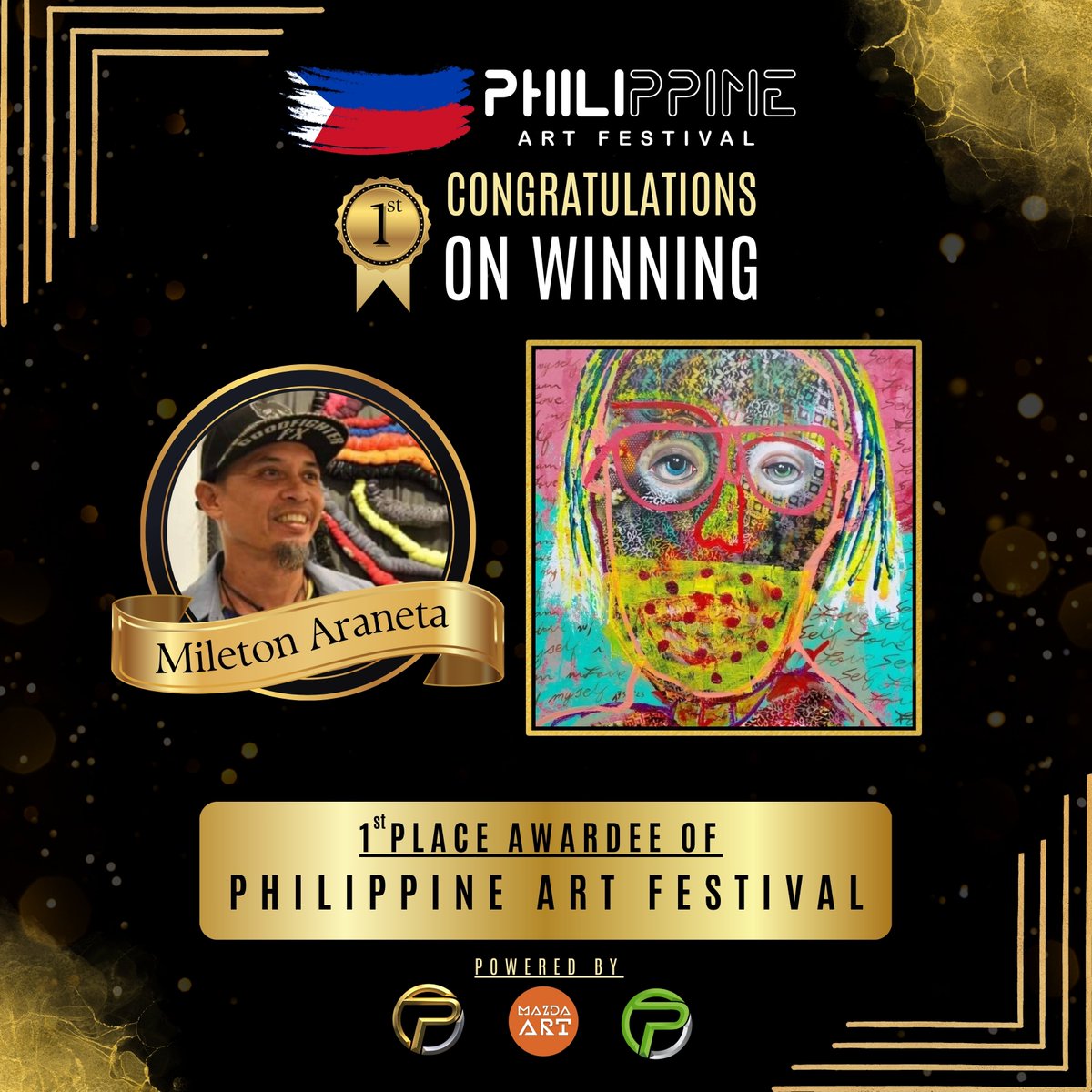 Congratulations Mileton Araneta!

#PhilippineArtFestival #Artfestival #artevent #artfest #artists #Filipinoart #Filipinoartists #Filipino #ArtinPhilippines #Philippines #Philippineartist #celebratingart #artists #artist