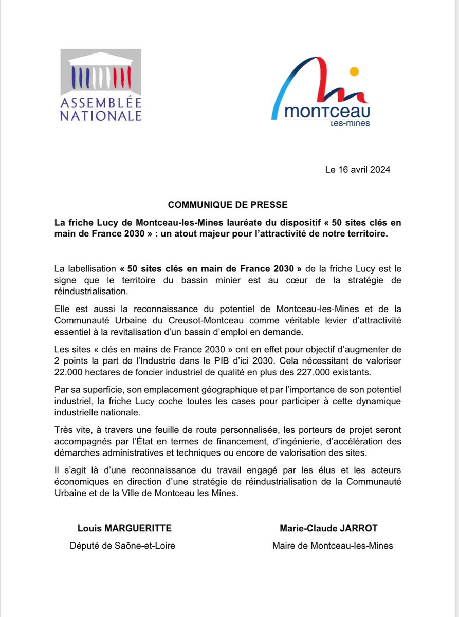 La friche Lucy <a href="/VilledeMontceau/">Ville de Montceau</a> 
désignée comme l'un des "50 sites clés en main de France 2030 » renforçant son #attractivité  et  son rôle crucial dans la stratégie nationale de #réindustrialisation . 🏢🌎🌱 
<a href="/JarrotMc/">Marie-Claude JARROT</a> <a href="/l_margueritte/">Louis Margueritte</a> <a href="/RolandLescure/">Roland Lescure</a> 
👉lnkd.in/eW5gTi9H