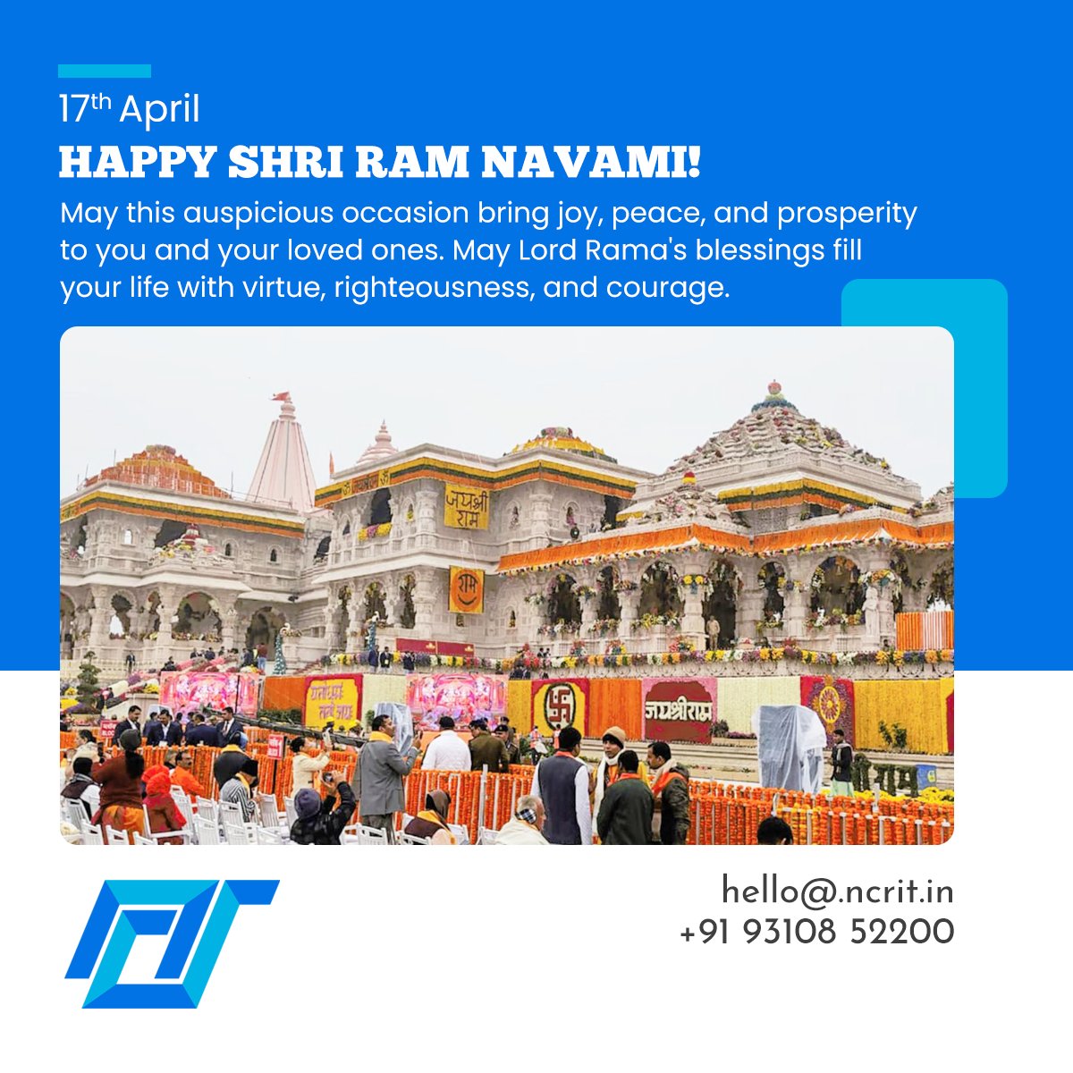 NCRITSol's tweet photo. Happy Shri Ram Navami! May this auspicious occasion bring joy, peace, and prosperity to you and your loved ones. May Lord Rama's blessings fill your life with virtue, righteousness, and courage.

#RamNavami #RamNavami2024 #Ramlalla #रामलला  #रामनवमी #NCRIT #NCRITSolutions https://t.co/x3eah1CSHP