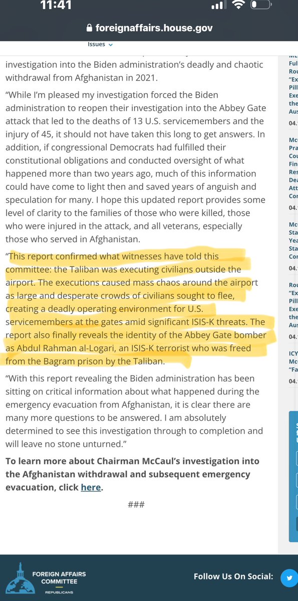 “The report also finally reveals the identity of the Abbey Gate bomber as Abdul Rahman al-Logari, an ISIS-K terrorist who was freed from the Bagram prison by the Taliban.”
-McCaul on DOD’s Updated Abbey Gate Investigation via @houseforeign