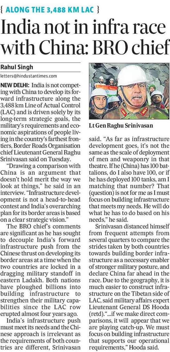 BRO chief Lt Gen Raghu Srinivasan has sought to decouple India’s forward infrastructure push from the Chinese thrust on developing its border areas at a time when the two countries are locked in a dragging military standoff in eastern Ladakh. hindustantimes.com/india-news/ind…