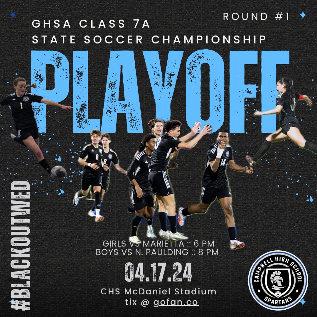 It's time for the playoffs, Spartans! Win or go home. Make sure to wear all black and come out to support your team in the first round of the GHSA Class 7A State Soccer Championship. The first 25 students will receive free admission! @Coach_TConnolly @sparta_sports @OfficialGHSA