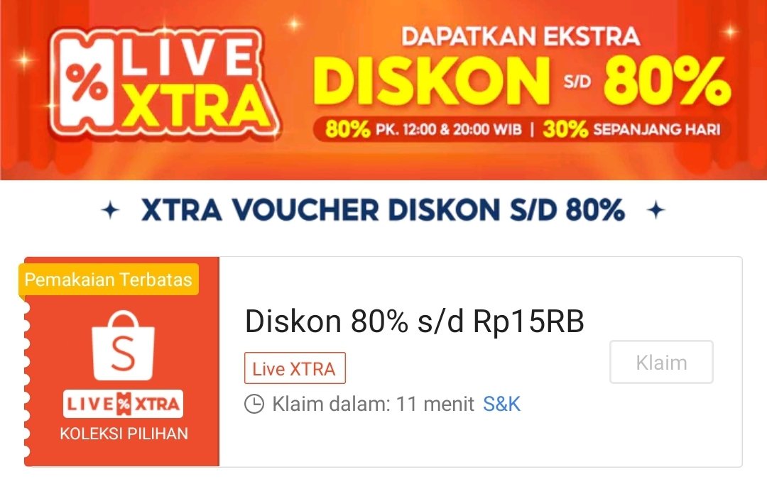 Voucher Shopee Live Xtra ⏰ Jam 12:00 & 20:00 Diskon 80% maksimal Rp15.000 Minimal pembelian Rp15.000 Toko bertanda Live Xtra Klaim vouchernya tanpa refresh: shope.ee/5V7SHJUpN8