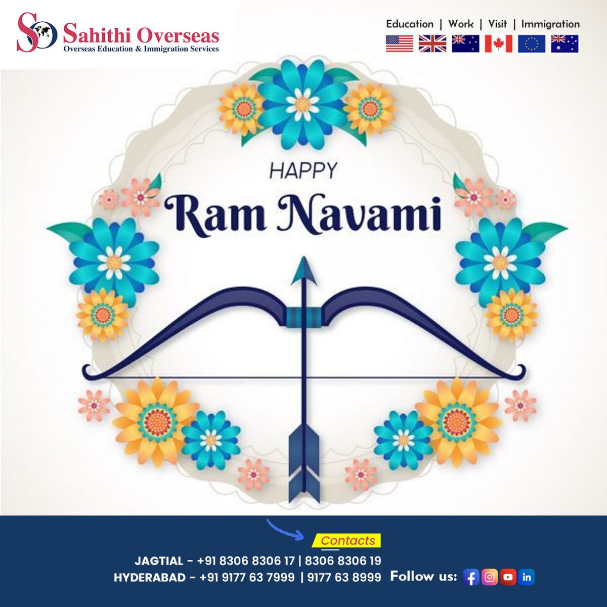 🌟 Happy Sri Rama Navami! 🏹✨ Wishing you abundant joy and prosperity on this divine occasion. Let's embark on a journey of righteousness and unity, just like Lord Rama. 🌺🙏

#educationforall #dreambig #studyabroadlife #SahithiOverseas #StudyAbroad #overseaseducation