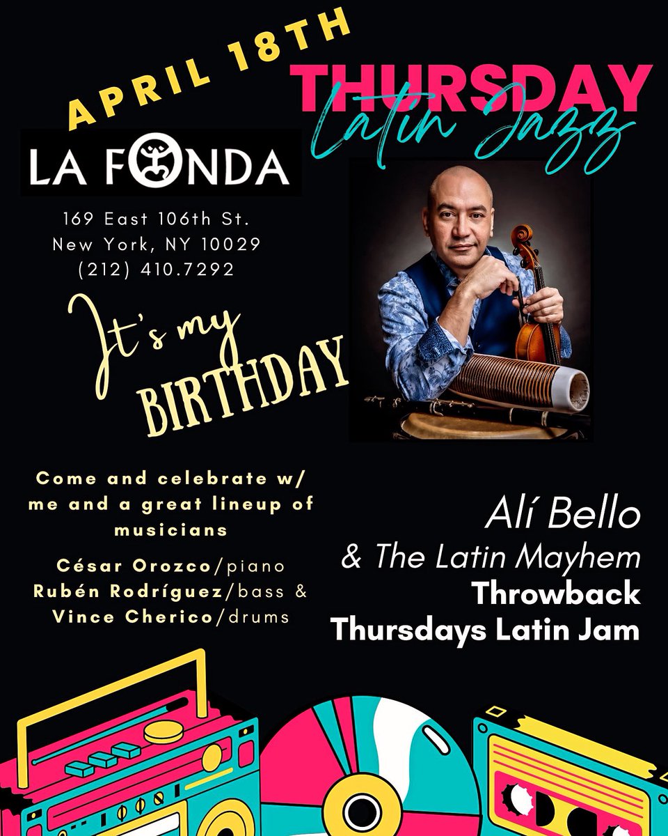 AliBelloMusic's tweet photo. It’s my Birthday and I do what I want to…! 🎶
Well, I just want to play some great music and I couldn’t ask for a better combo to do it!
César Orozco - keys
Ruben Rodriguez - bass
Vince Cherico - drums
&amp; myself on violin 

Come celebrate my b’day - April 18th
@lafondanyc https://t.co/V9b0HfdgRA