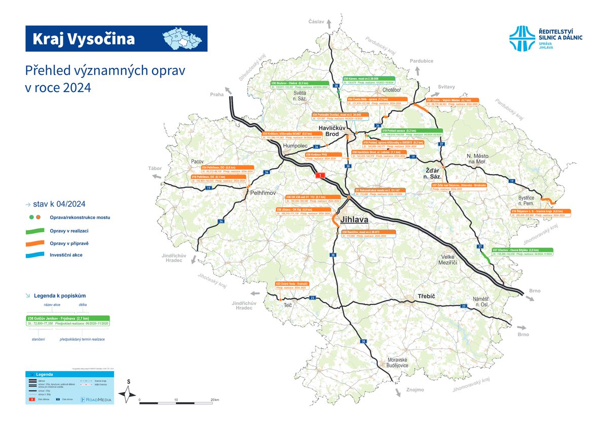 ℹ️ S časovým odstupem nabízíme k nahlédnutí aktualizovaný seznam oprav a výstavby na Vysočině pro letošní rok. Jednou ze stěžejních akcí, která bude vyžadovat jistou dávku trpělivosti u motoristické veřejnosti je přestavba křižovatky na dálničním přivaděči v Jihlavě. 👇