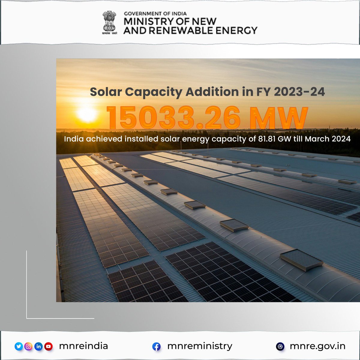 India shines brighter with a remarkable addition of 15033.26 MW in solar capacity in FY 2023-24. Furthermore, the total installed solar energy capacity achieved of 81.81 GW by March 2024. Let's keep harnessing the power of renewables for a sustainable future! #SolarPower