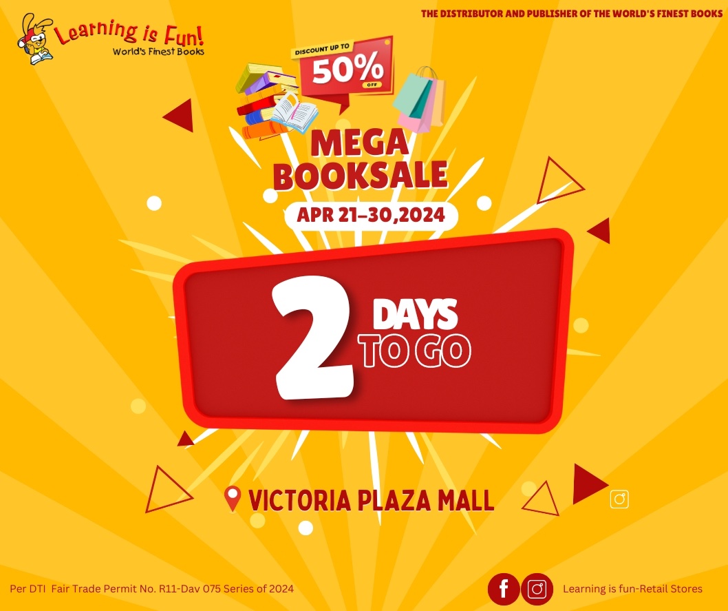 Learningisfunrs's tweet image. 2 days left! Don't miss out on the incredible deals and steals!
It's almost time to stock up on reading treasures! 📖✨
Per DTI Fair Trade Permit No. R11-Dav 075 Series of 2024. See you there! 📖✨
Spread the words and see you there!
#learningisfun #megabooksale
