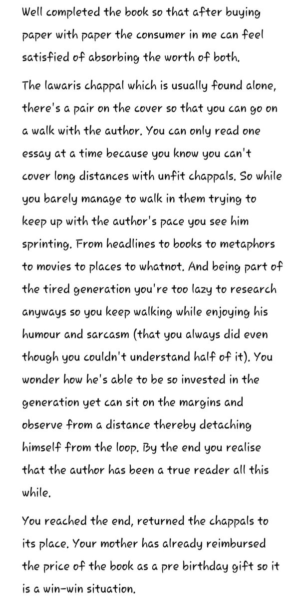 Shubhi202's tweet photo. @vikramgrawol
#EssaysPTO
Enjoyed reading it and I hope that the author keeps writing in some form or antoher and keeps twisting our ears so that we don't forget to be readers while being consumers 😅 https://t.co/Np1iV7UfRB