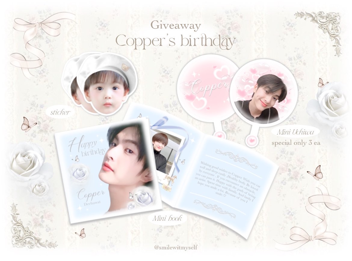 𝒫ls kindly rt  💭

— 𝐺iveaway Copper’s Day ˚✿˖ °𐙚

         𐙚 Only 9 set | 1 set / 1 per

♡ Minibook 1 ea
♡ Sticker      1 ea
♡ 𝒮pecial only 3 per
     Mini uchiwa   1 ea

— gg form 18/04 —
𐙚 time ; 20:18 
𐙚 shipping fee 40฿

#COPPERdechawat 
#COPPER18thGiveaway