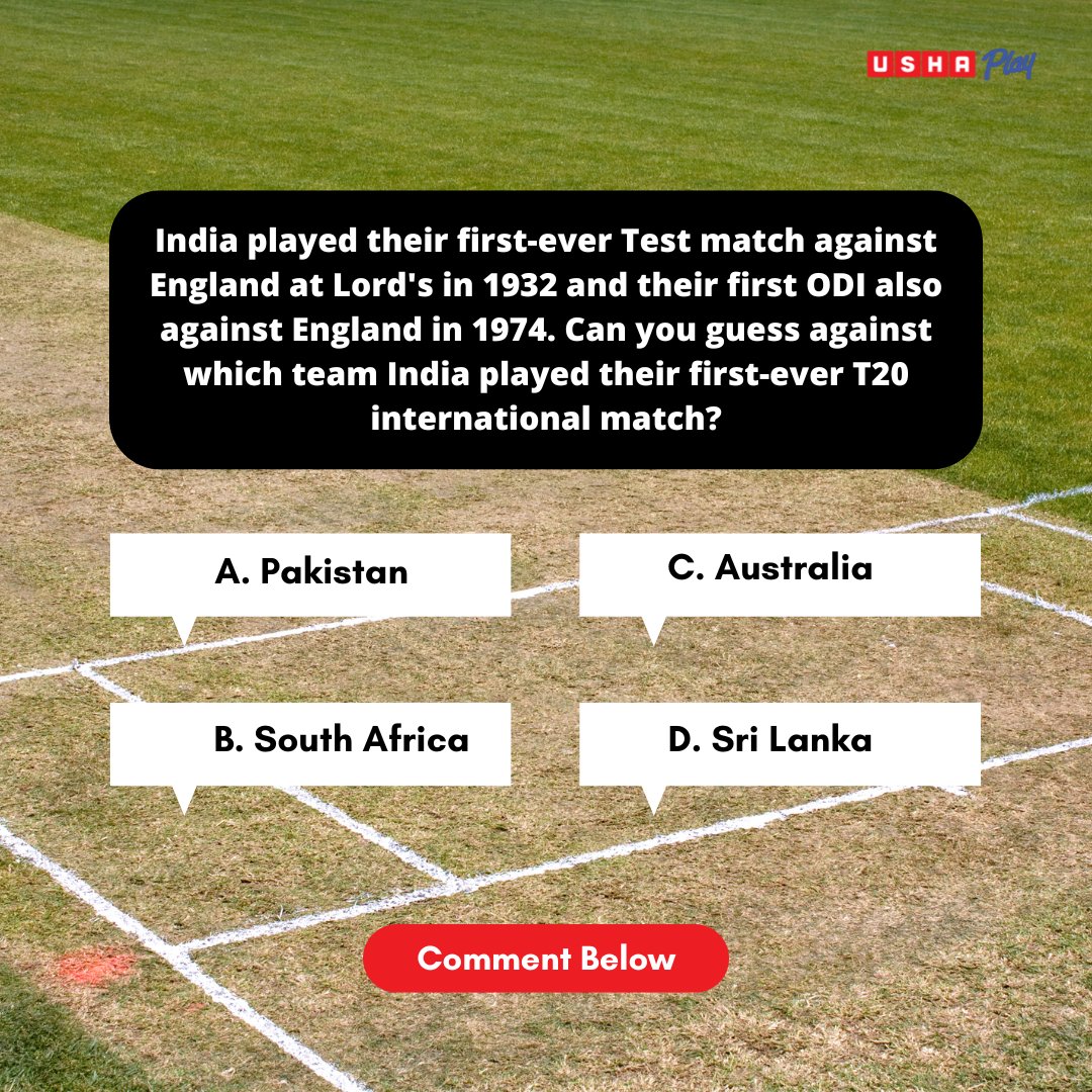 #Cricket fans, here’s a challenge for you! Can you guess against which team #India played their first-ever #T20 international match? Comment below! #UshaPlay #SportsTrivia