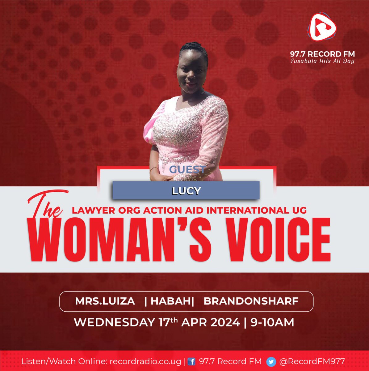 RecordFm977's tweet image. Catch Lucy on the #WomensVoice airing 9 - 10am on @RecordFm977

Listen in live as she shares her tremendous journey and experience in championing women's voices and rights.