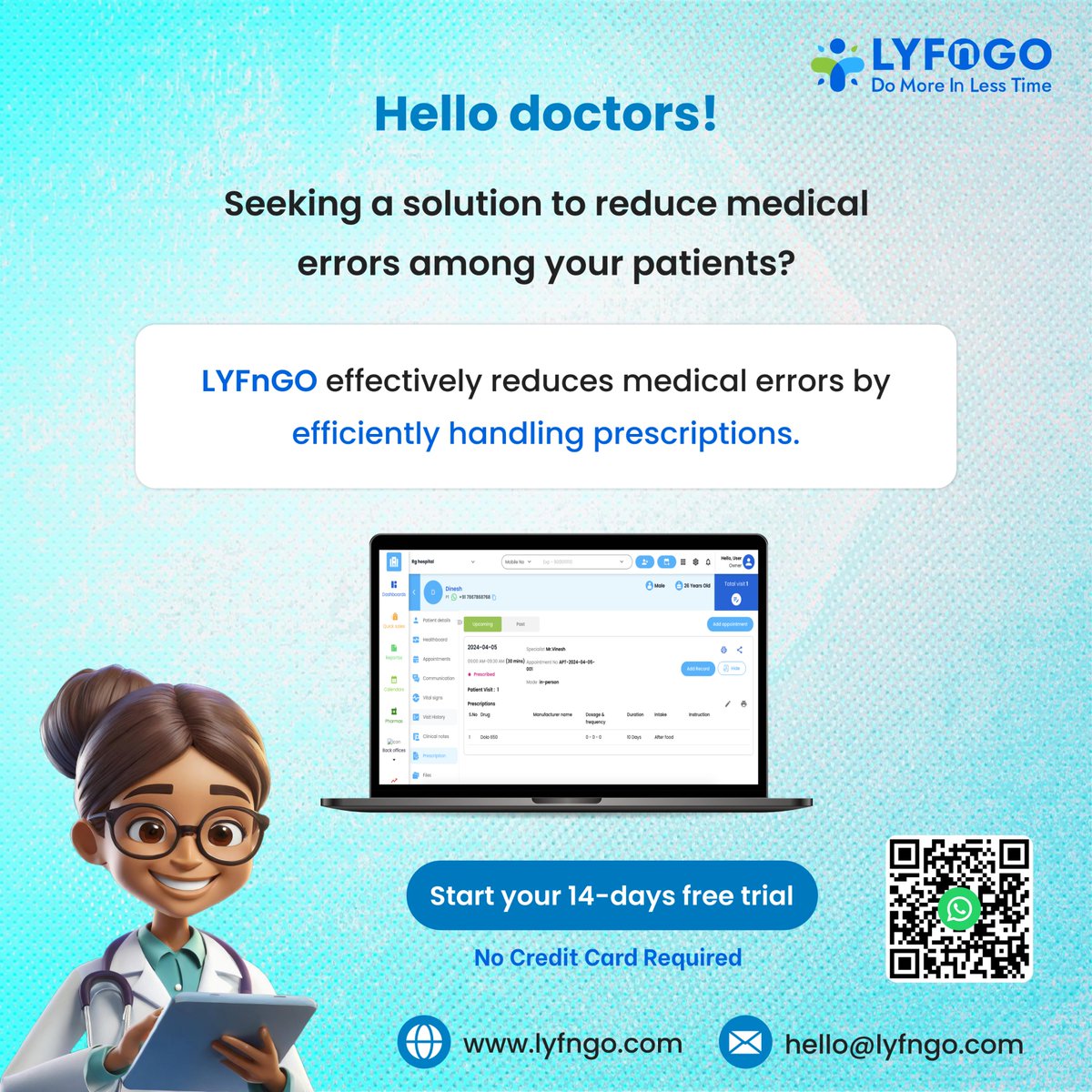 lyfngo's tweet photo. Stop preventable medical errors with LYFnGO's prescription management system.
Empower healthcare professionals to prescribe confidently, ensuring accuracy and patient safety.
Try LYFnGO today!
#LYFnGO #PrescriptionManagement #doctors #clinic #healthcare #BestSoftware2024 #B2B https://t.co/VTkmrPTNnb