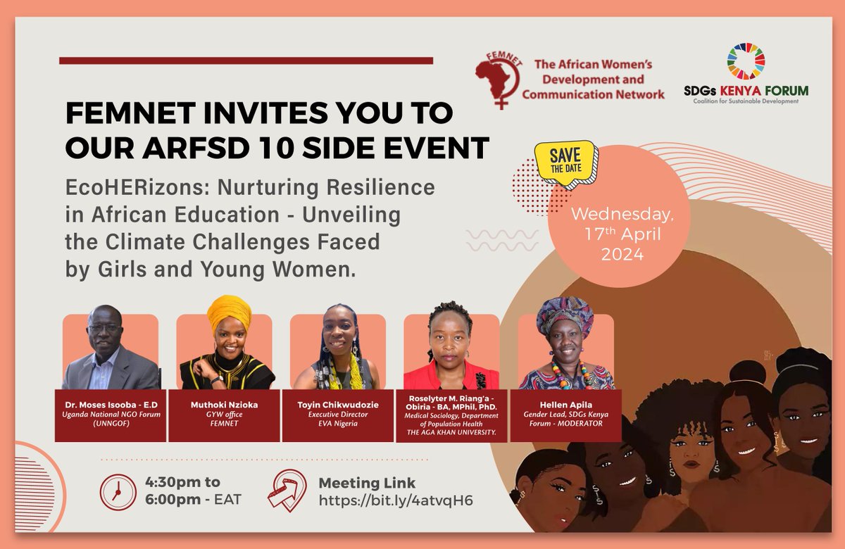 Our ED, Dr. @IsoobaMoses will be speaking at @FemnetProg's side event on 'Nurturing Resilience in African Education - Unveiling the Climate Challenges Faced by Girls & Young Women' at the 10th session of the ARFSD. 🗓️17 April | 4:30 PM EAT Register Here> zoom.us/meeting/regist…