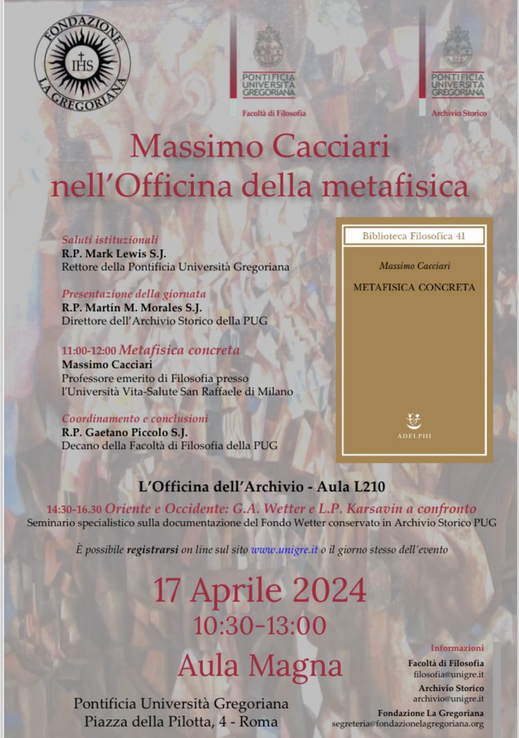 📌 Mercoledì 17 aprile, ore 10:30 - AULA MAGNA - Pontificia Università Gregoriana @UniGregoriana 👨‍🏫 MASSIMO CACCIARI NELL'OFFICINA DELLA METAFISICA 👉 Per registrarsi: unigre.it/it/eventi-e-co…