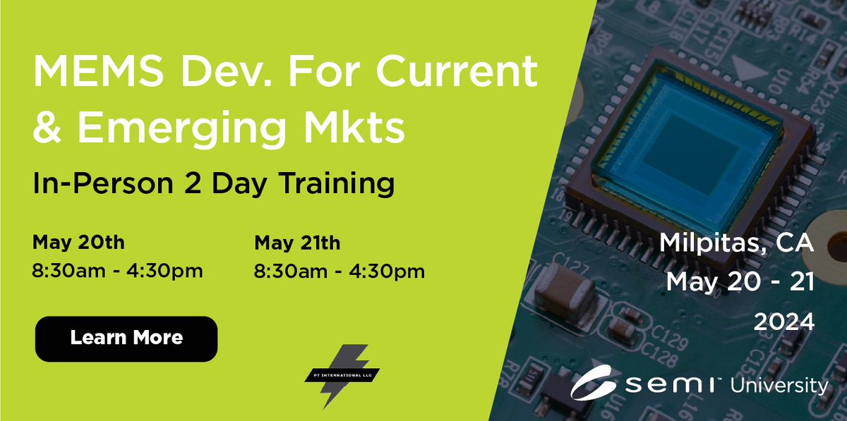 Join us on May 20 & 21 for a two-day #SEMIUniversity #livetraining covering real-world case studies to provide detailed insights into #MEMS markets & more! May 20: 8:30 AM - 4:30 PM PT May 21: 8:30 AM – 4:30 PM PT Location: Milpitas, CA Register: bit.ly/3vJbdhy