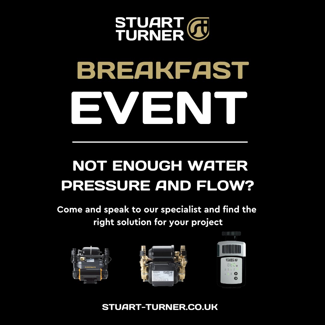 Not enough water pressure and flow? Come and have a chat with our ASM today at Williams, Manchester, M24 1RU, 7am-12pm. Come and say hi!

#StuartTurner 
#poweringwater
#breakfastevent
#tradeevent