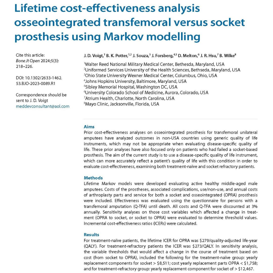 The osseointegrated prosthesis for rehabilitation of amputees provides improved quality of life in these individuals at a minimal increased cost compared to a socket prosthesis. #BJO #Prosthesis #Amputees #Trauma ow.ly/CjS650R4bBT