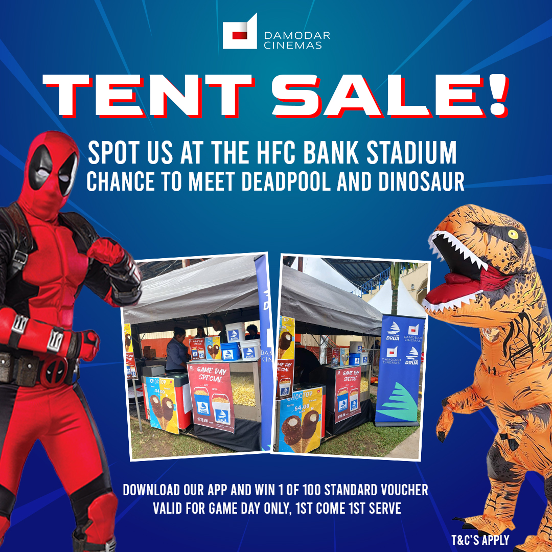 Look for the DAMODAR CINEMAS TENT at the HFC Bank Stadium on Friday 19 April and snap a pic with #DeadPool #Dinosaur We'll also have snack specials #Choctop #Popcorn 🍿 and a a chance to win #MovieTickets when you download the Damodar Cinemas APP. See you there! #TOSODRUA