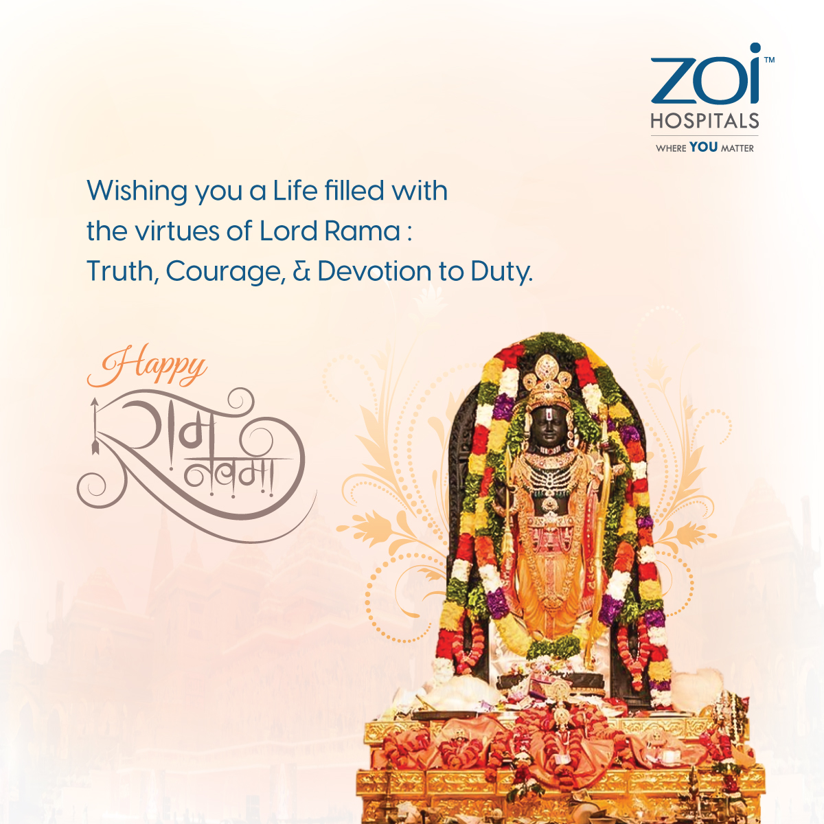 May the chants of 'Jai Shree Ram' continue to resonate in your heart, reminding you of Lord Rama's blessings throughout the year. #HappyRamaNavami! #ShreeRam #JaiShreeRam #RamaNavami #RamNavami #SiyaRam @zoihospitals #hospital #MultiSpecialityHospital #ApnaZoi #HealthMatters