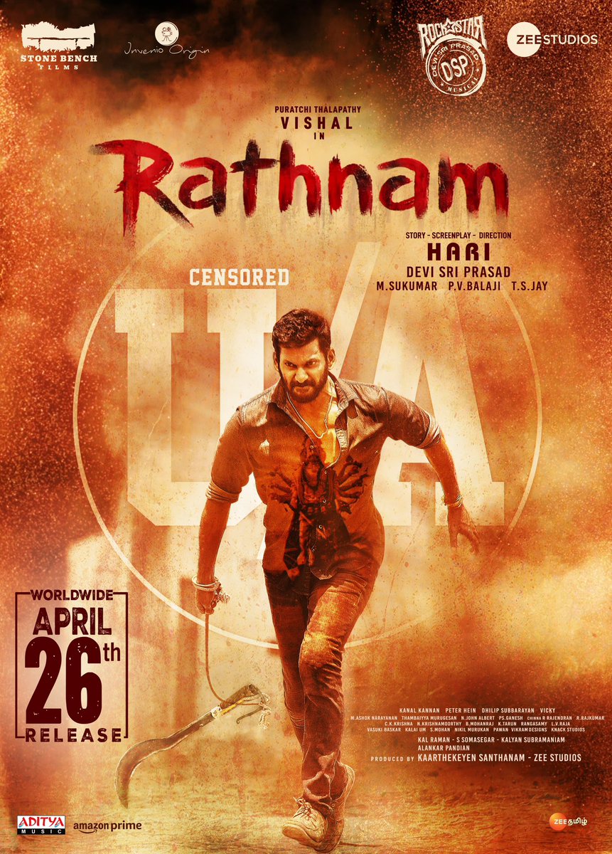 #Rathnam censored with a UA. Get set for a speedy action entertainer in theatres from April 26th. Tamil Trailer - youtu.be/X6srnSdOJU8 Starring Puratchi Thalapathy @VishalKOfficial. A film by #Hari. A @ThisisDSP musical. @stonebenchers @ZeeStudiosSouth @priya_Bshankar…