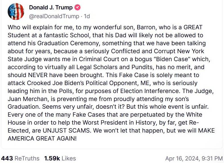 Who will explain for me, to my wonderful son, Barron, who is a GREAT Student at a fantastic School, that his Dad will likely not be allowed to attend his Graduation Ceremony, something that we have been talking about for years, because a seriously Conflicted and Corrupt New...
