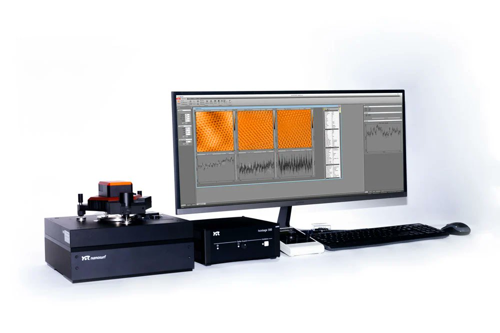 The tip-scanning FlexAFM from @NanosurfAFM is an #atomicforcemicroscope for #materialsresearch that can handle large samples. Its 24-bit C3000i controller enables high-resolution imaging of even single atomic layers & topography spanning several micrometers.
#afm #FlexAFM