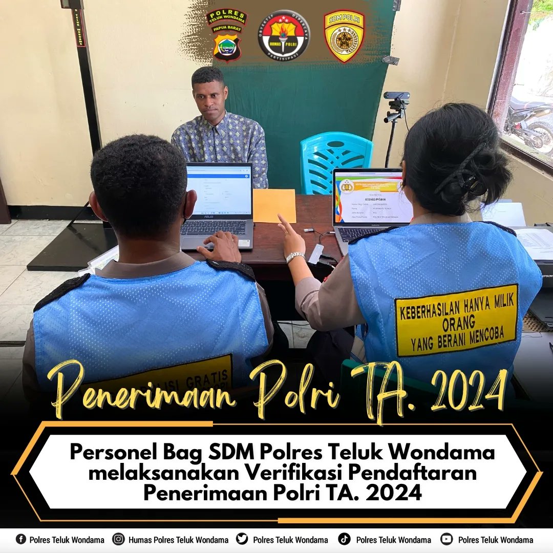 Verifikasi Pendaftaran Polri TA. 2024 Polres Teluk Wondama

#penerimaanpolri
#penerimaanpolri2024 
#casispolri 
@sdmpoldapb 
@humas_poldaPB 
@DivHumas_Polri