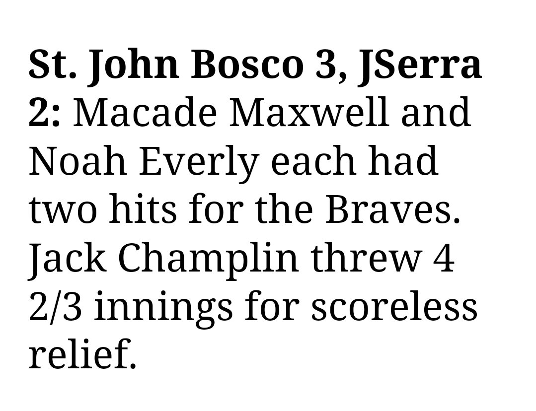 Our Braves take the first game of a 3-game series with JSerra. Game 2 is at Bosco tomorrow at 3:15 pm...Go Braves Baseball! #BoscoBaseball #RoadToPlayoffs @SJBoscoBaseball @_bdwickstrom @vincebrown16 @SJBBraveNews