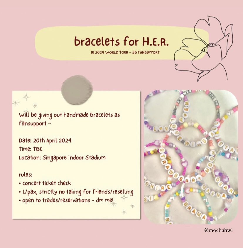 mochahwi's tweet photo. hello uaenas 💗

i'll be giving out some bracelets as fansupport on 20th april 🥳 

one bracelet per pax!! have super limited qty~

timing &amp; location will be updated here! any reservations/trades please pm 

see you guys ✨
#HER_WORLD_TOUR_IN_SG https://t.co/WAKNEzWJP0