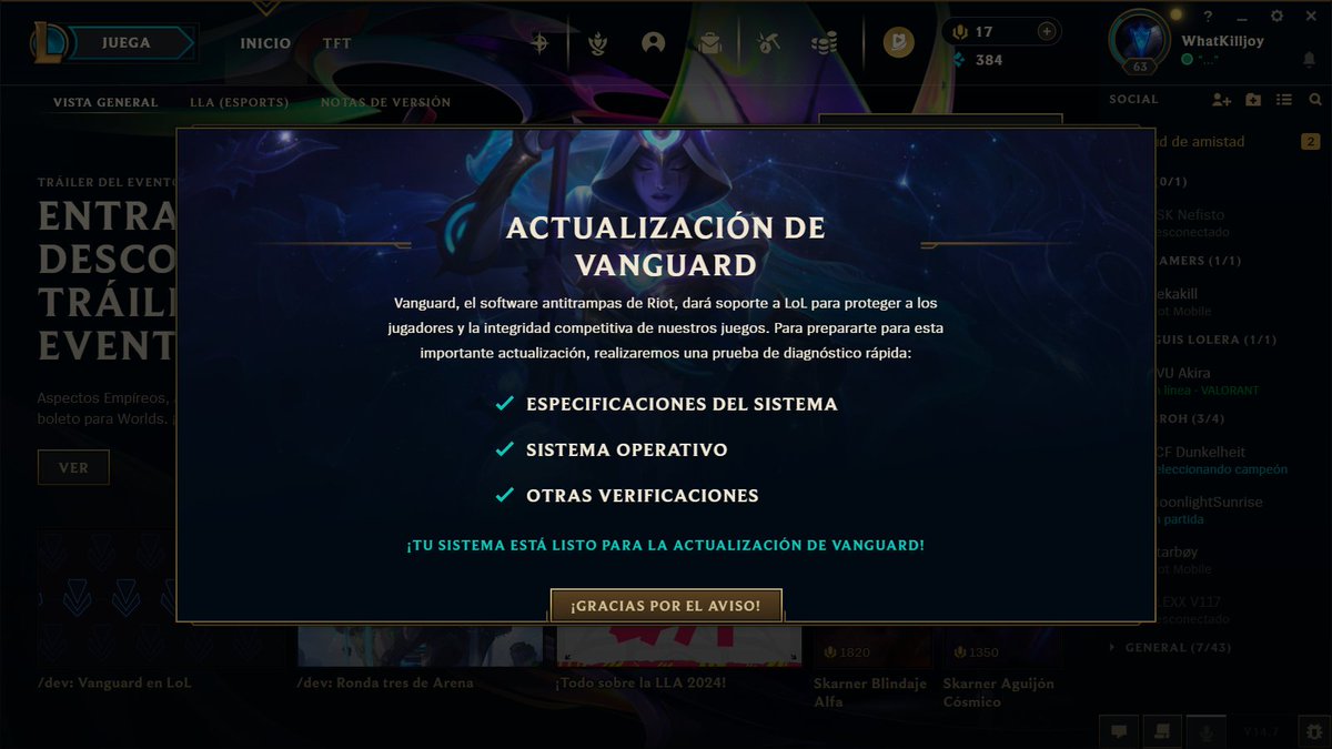 WhatKilljoyLOL's tweet photo. A partir de hoy se realizo la comprobación para ver si tu computadora está lista para la implementación de Vanguard el 1 de mayo de 2024. 
¿Obtuviste algún inconveniente con la verificación? #LeagueOfLegends https://t.co/c7gkm9MwTB