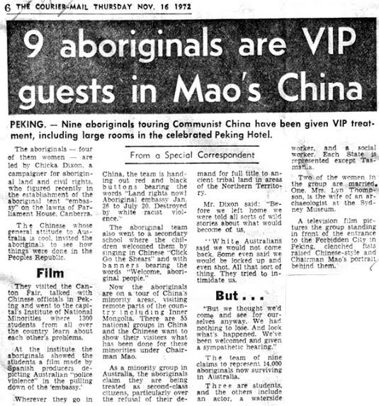 From 1972-1974 Australian Aboriginals had delegations sent to china, from there they were inspired by the chinese people to come home and attempt to establish an autonomous Aboriginal commune. Here are some media snippets from this period 🧵