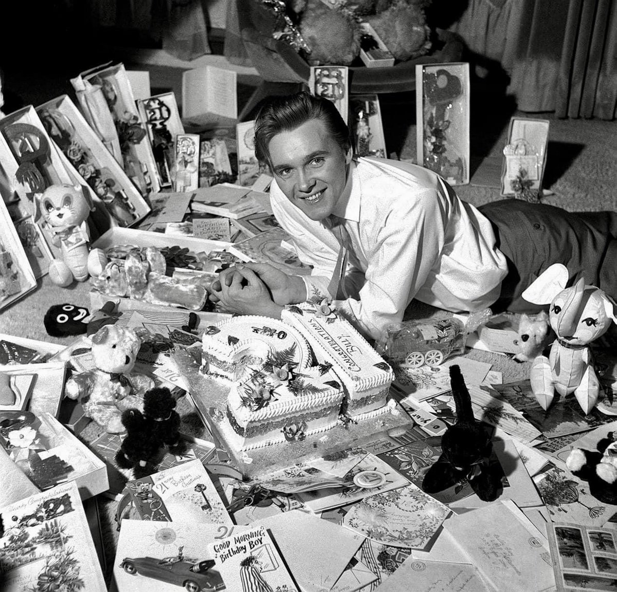 A special day today, as we celebrate what would’ve been Billy’s 84th birthday. 
Pictured here with gifts sent by fans for his 21st birthday. 
Always in our hearts. Happy Birthday, Billy!
#billyfury