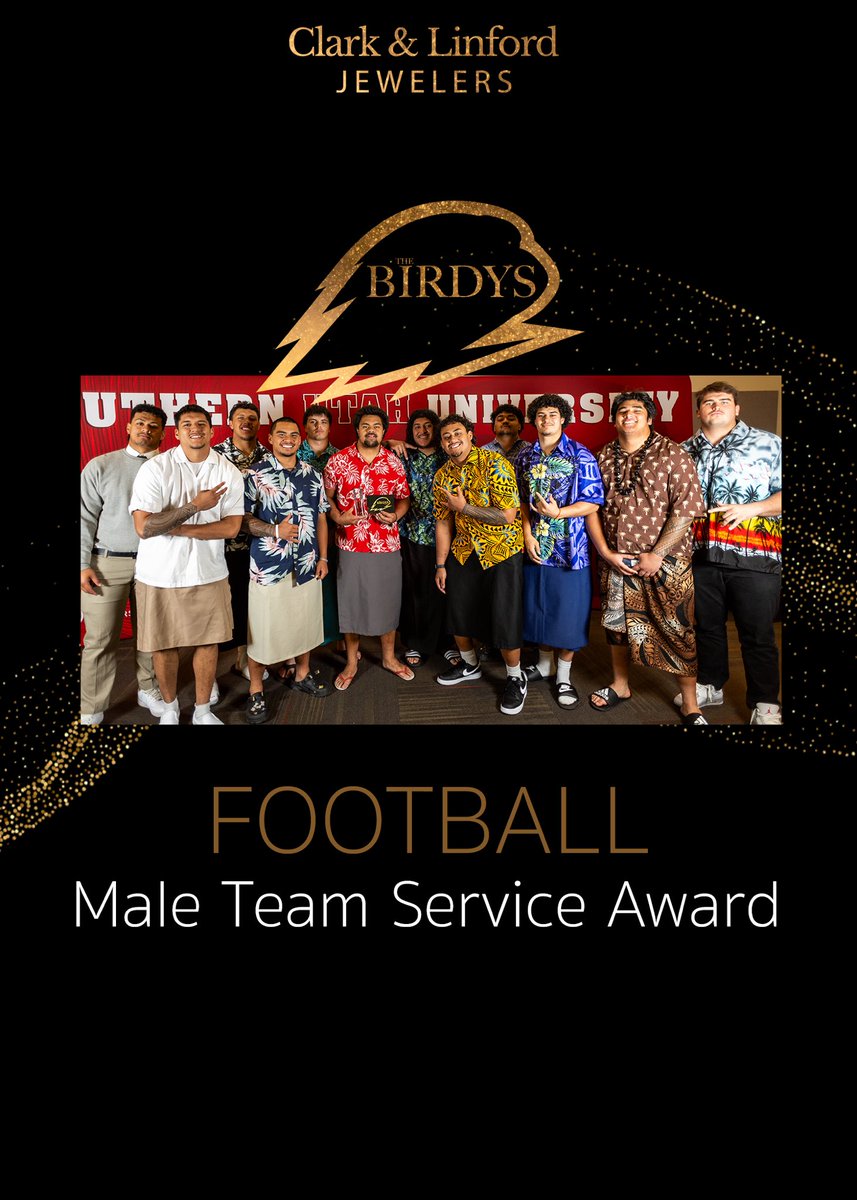 SUUThunderbirds's tweet photo. Congratulations to @SUUFB_ for winning the Male Team Service Award at the 2024 BIRDYS!

#TBirdNation ⚡️ #RaiseTheHammer 

Thank you to our sponsor Clark &amp; Linford Jewelers! https://t.co/a5TkYeaWW6