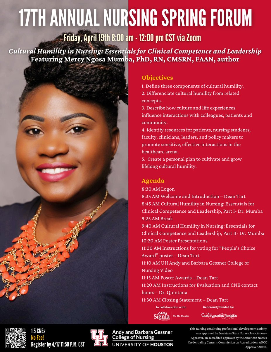 Looking forward to speaking on #cultural #humility in nursing at this year's annual nursing spring forum at @UofHouston College Of Nursing. Hope to see you on the virtual seminar. 
#leadership #culturalcompetence #nursing