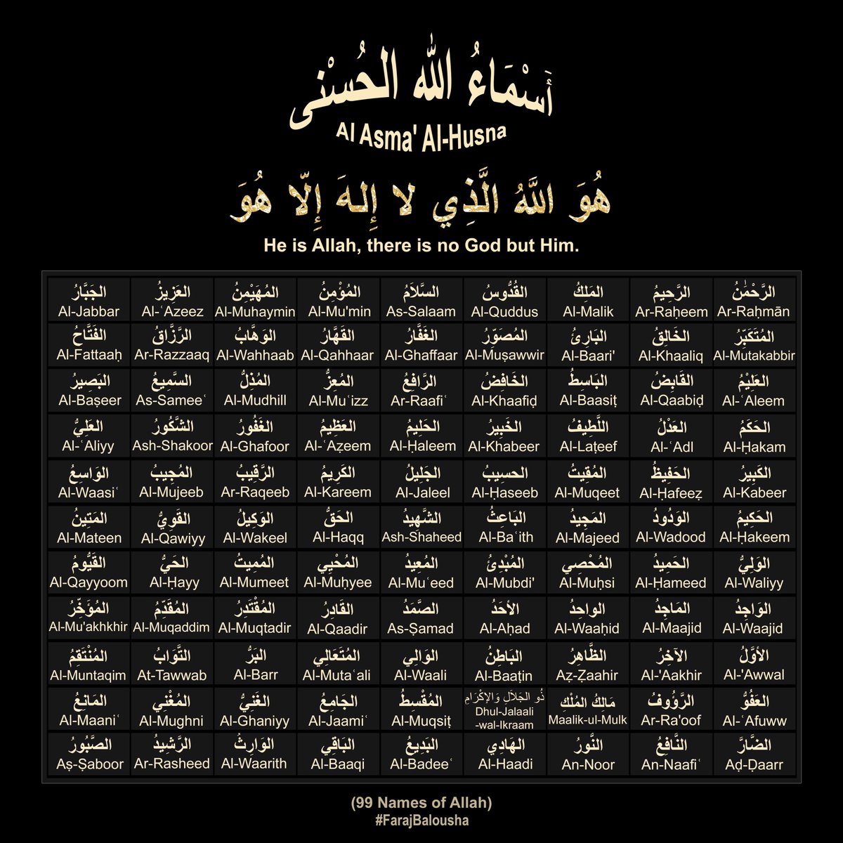 FarajBalousha's tweet image. Al-Asma' Al-Husna (99 Names of Allah)
📚🤲My book (Al-Asma' Al-Husna Calligraphy) is available on Amazon - [Free with Kindle Unlimited].🤲📚
كتابي الجديد "أَسْمَاءُ الله الحُسْنى المترجمة" على أمازون -مجاناً للمشتركين
amazon.com/dp/B0CW1F8WGX
🤲
#AsmaAlHusna
#99NamesOfAllah