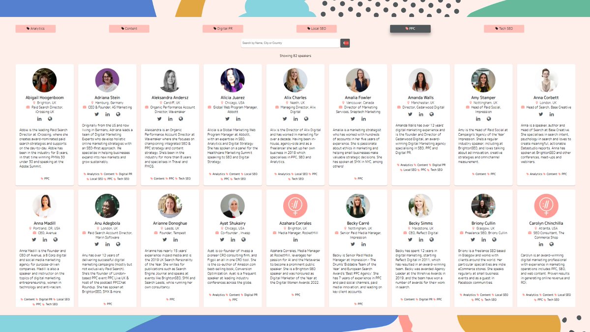 📣 Hey Event Organizers! Our Speakers Hub helps you diversify your line-ups by providing direct access to speakers from our community. Speaker count by topic: 📝 375 Content ⚙ 298 Tech SEO 📍 203 Local SEO 📊 199 Analytics 🌟 146 Digital PR 💳 82 PPC womenintechseo.com/speakers/