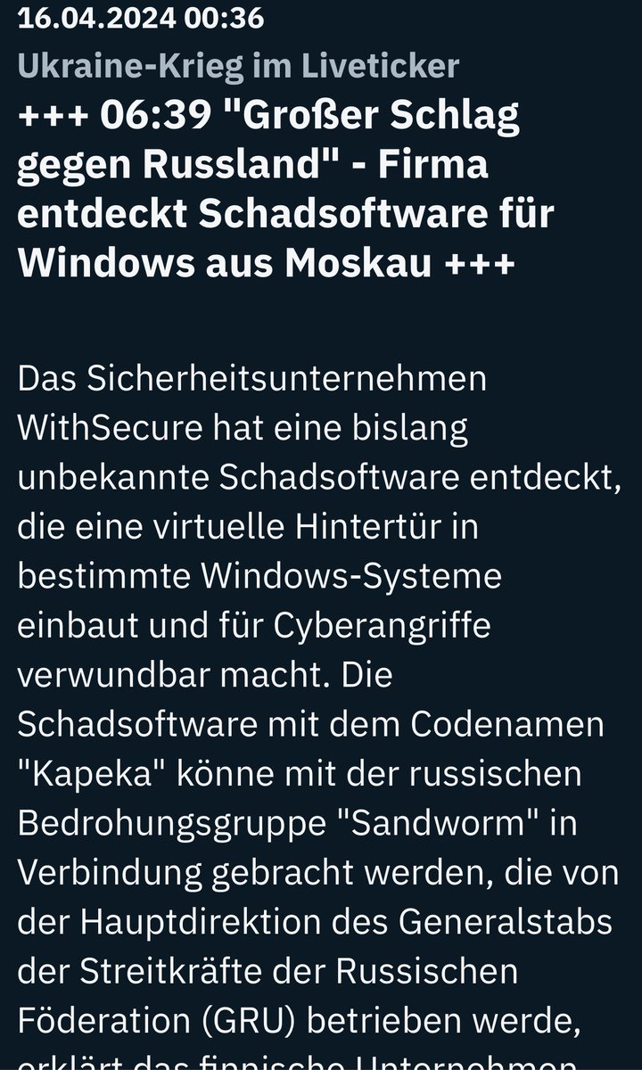 The Finish cyber security company “WithSecure” detected an unknown malware called “Kapeka”. This malware used backdoors in certain Windows systems. Kapeka is related to the Russian GRU cyber group “Sandworm”. Numerous attacks against several Eastern European countries are known