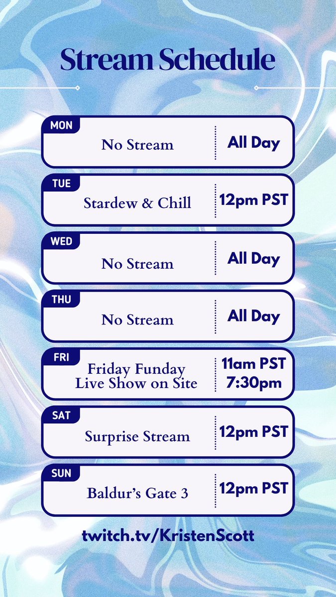 This week’s Stream Schedule twitch.tv/kristenscott