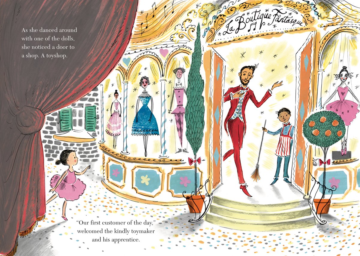 #BookIllustrationOfTheDay is from 'Ella Bella Ballerina & The Magic Toyshop' inspired by Rossini/Respighi's ballet 'La Boutique Fantasque' (2017). The toymaker is modelled on my very own Toto 😍🥰 The illustrations were created in (real) layers to give a vintage look. #60for60