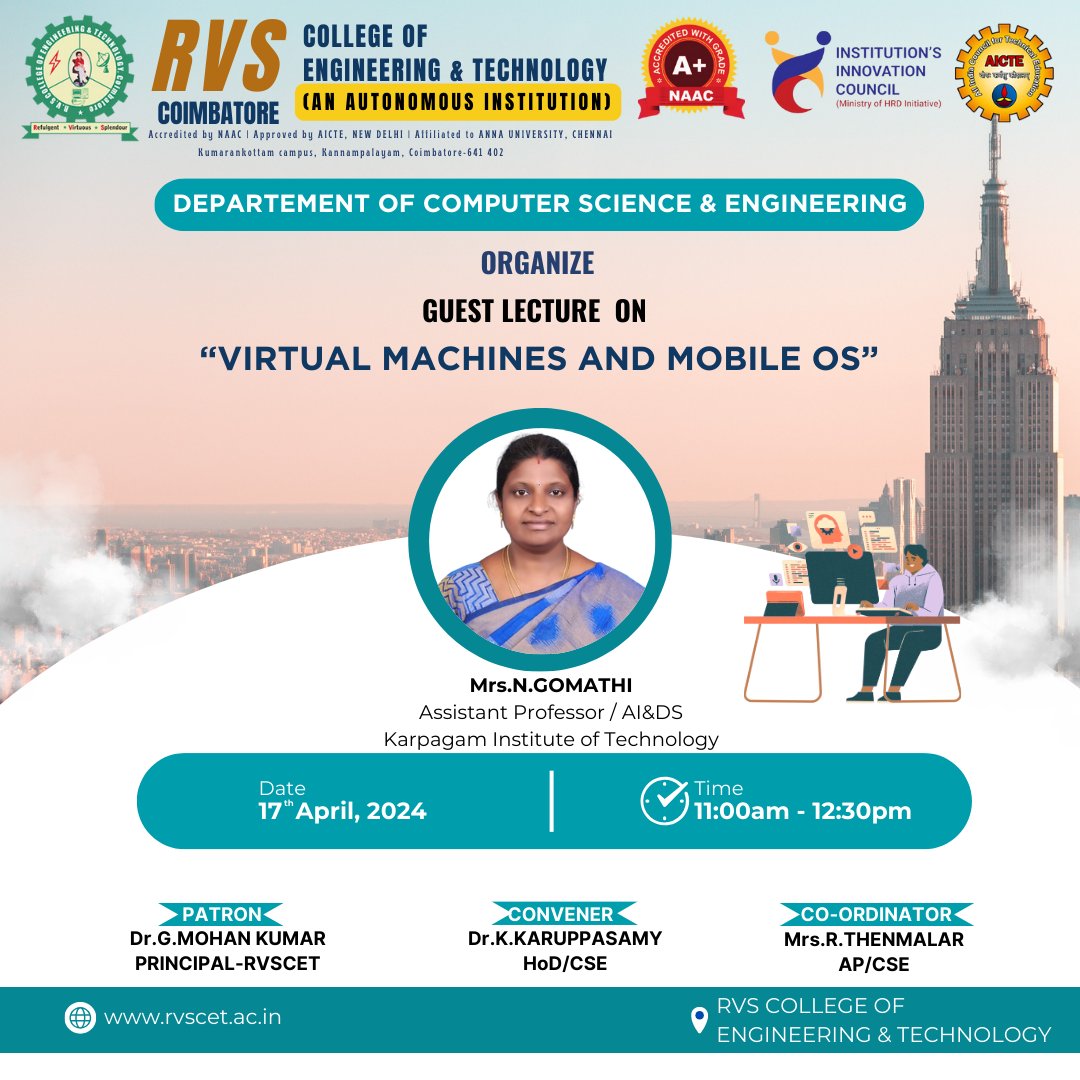 The Department of Computer Science & Engineering Organize a Guest Lecture  on “VIRTUEL MACHINES AND MOBILE OS” at RVS College of Engineering and Technology.

#seminar2k24 #computerscienceengineering #seminar #engineering #engineeringcollege #coimbatore #rvs #rvscet