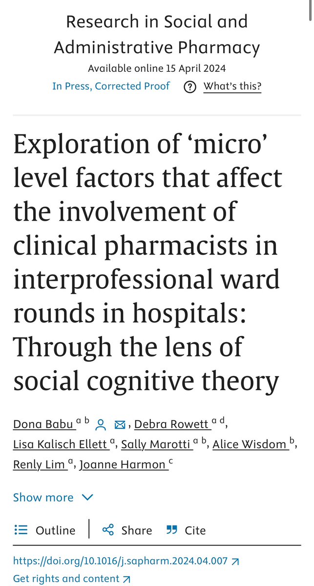 3 themes were identified on the ‘micro’ level factors that affect the involvement of pharmacists in ward rounds: (1) Cognitive mindset of clinical pharmacists, (2) Behavioural conduct of clinical pharmacists, and (3) Social rules of the ward <a href="/RSAPjournal/">RSAP Journal</a>

sciencedirect.com/science/articl…