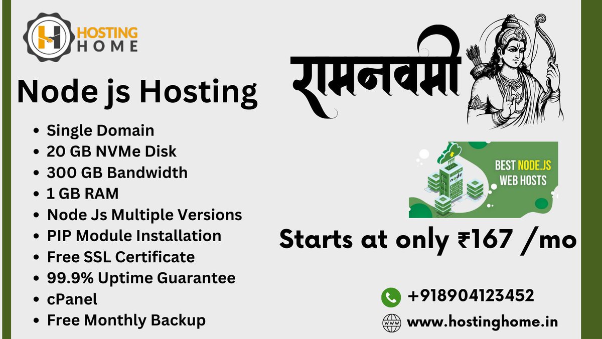 Hostinghome1's tweet image. Wishing you a joyous Ram Navami from all of us at Hosting Home, your trusted node.js hosting provider! May this auspicious occasion bring blessings
Visit Us
hostinghome.in/node-js-server…
Contact us
+918904123452
+918904255424
#NodeJSHosting
#NodeHosting