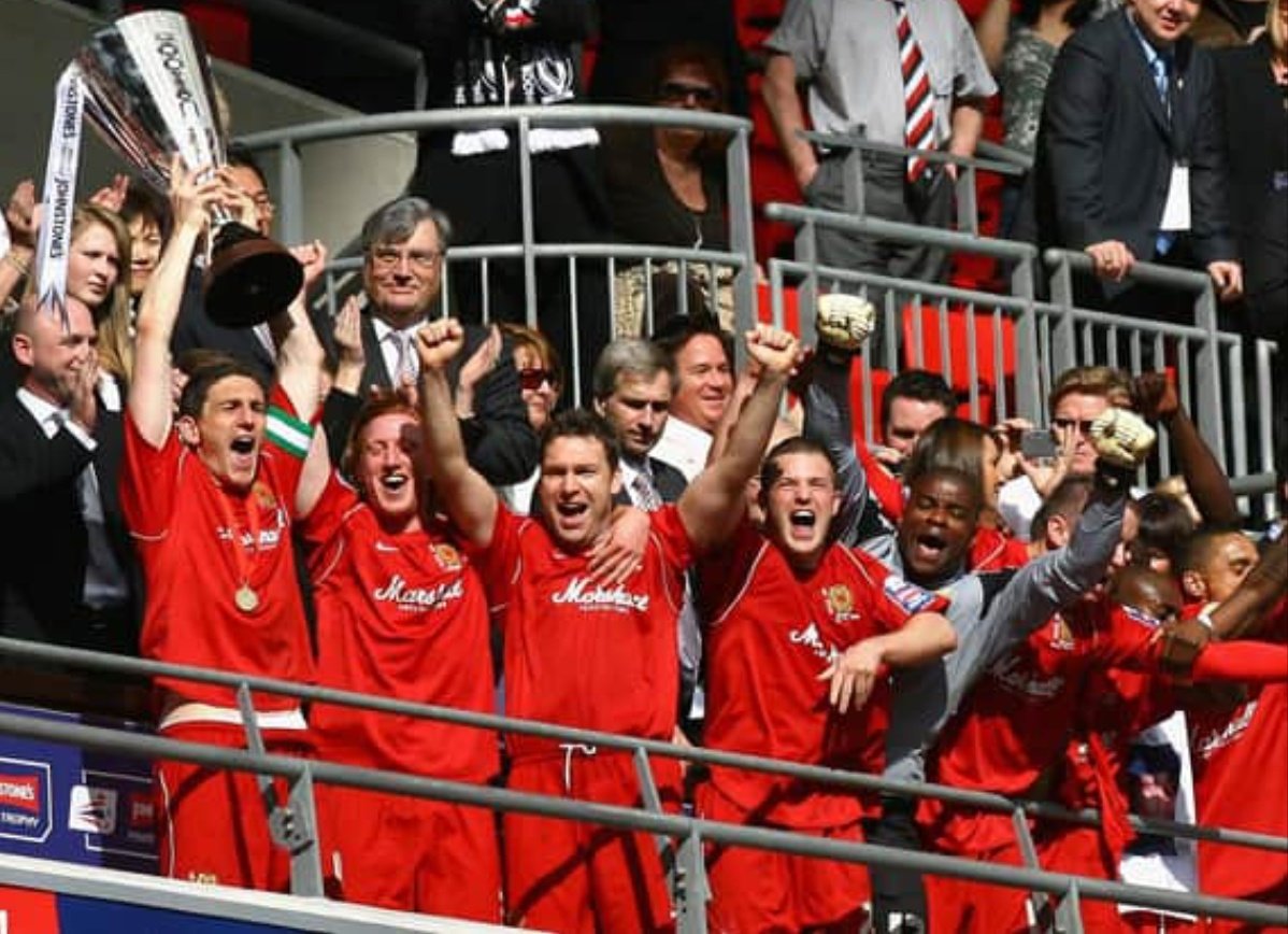 MK Dons celebrate after winning the Johnstone's Paint Trophy back in 2008 #MKDons #MiltonKeynesDons #Trophies