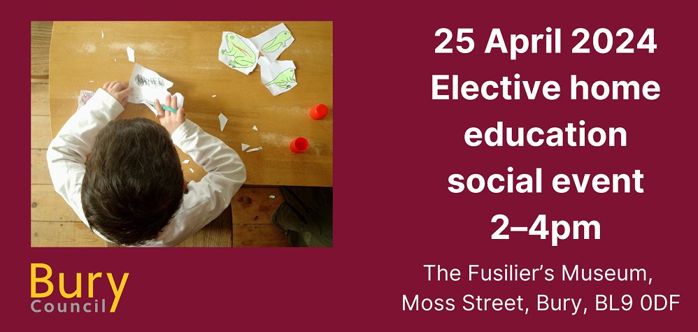 📢 Calling all parents educating their children at home. 
Come along to our social event at The Fusilier’s Museum, Moss Street on 25 April.
We have agencies such as Bury Met, Family Learning &amp; more for you to meet. 
Free refreshments &amp; a chance to meet other home educators