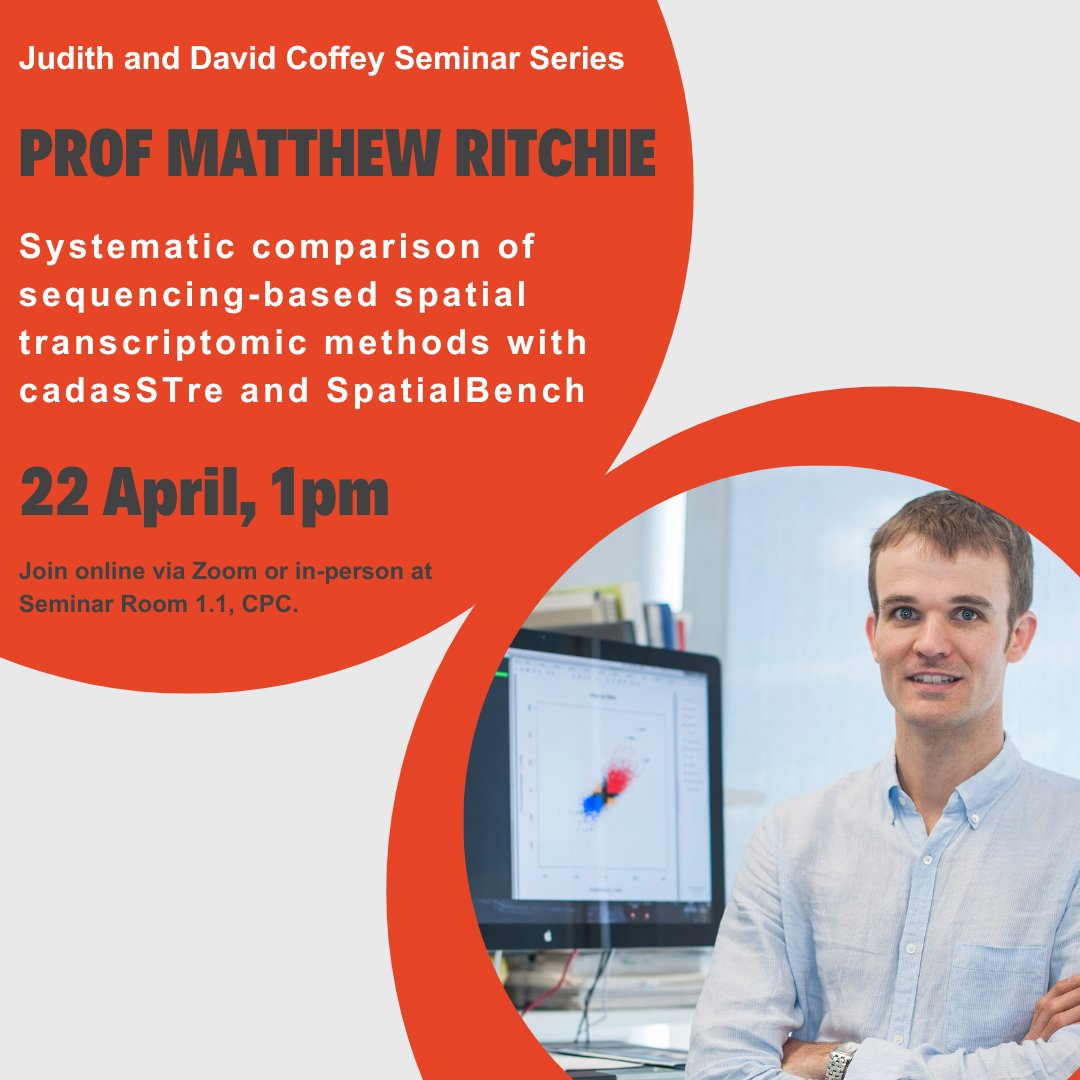 Next Monday, we're thrilled to have @mritchieau from @WEHI_research as our Judith and David Coffey speaker! He will present: Systematic comparison of sequencing-based spatial transcriptomic methods with cadasSTre and SpatialBench ⏱️April 22, 1pm (AEST) 👉bit.ly/3DPCCP3