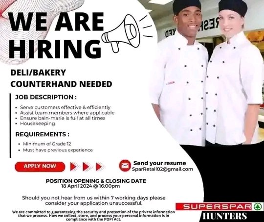 WE ARE HIRING!!! 📣📣📣📣 Opening Position: Deli & Bakery Counterhand Email: SparRetail02@gmail.com Closing date: 18 Aprill 2024 @ 16:00pm. Please note that should you not receive communication from us in 7 days, your application can be considered unsuccessful.