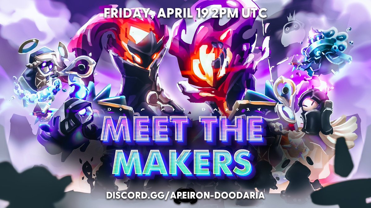 Meet the Makers!👋 Friday Apr 19th 2pm UTC🗓️ on our Discord, play against one of the creators of Apeiron🌠 Have you got what it takes to beat 'em?⚔️ Sign up here: dyno.gg/form/f343a0f9